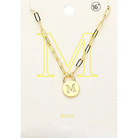 -M- Brass Metal Monogram Lock Pendant Necklace